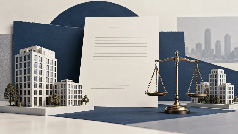 Colagem ilustrativa de edifícios, documento e balança para decisão tributária envolvendo fundos imobiliários.