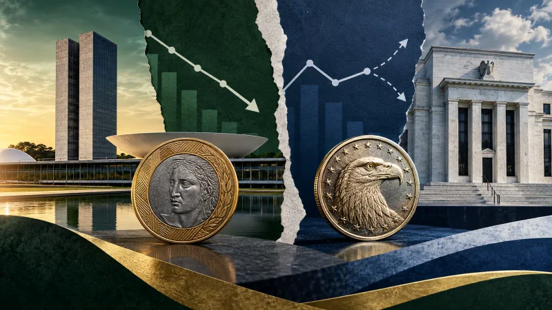 Prédios de bancos centrais, moedas de real e dólar e gráficos representam as decisões de juros no Brasil e nos Estados Unidos