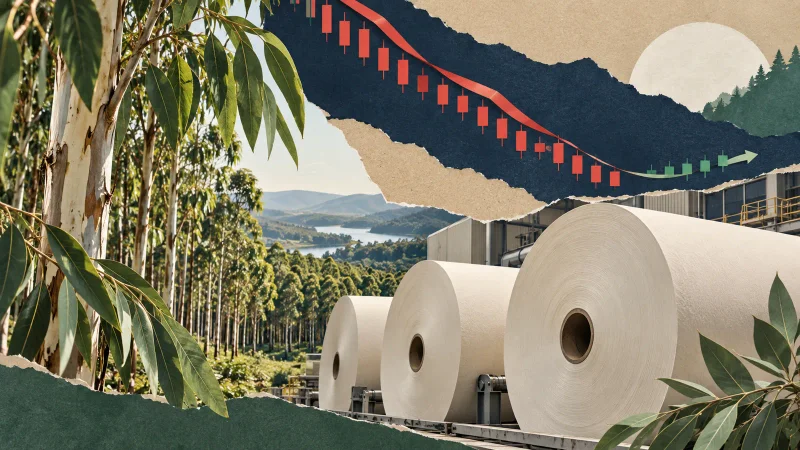 Colagem clean com eucalipto, bobinas de celulose e gráfico em queda