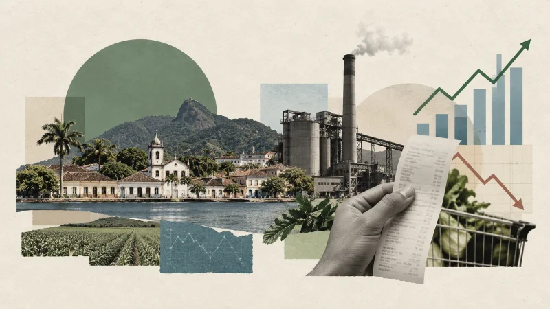 Colagem clean com cidade brasileira, indústria, consumo e gráficos de atividade econômica