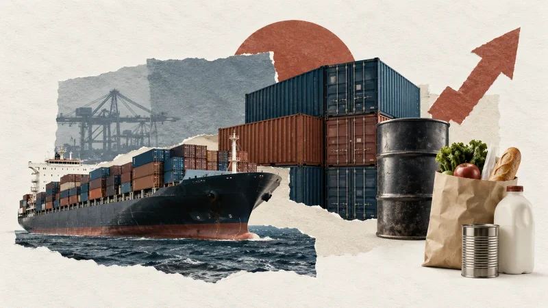Colagem clean com navio cargueiro, contêineres, combustível e alimentos importados