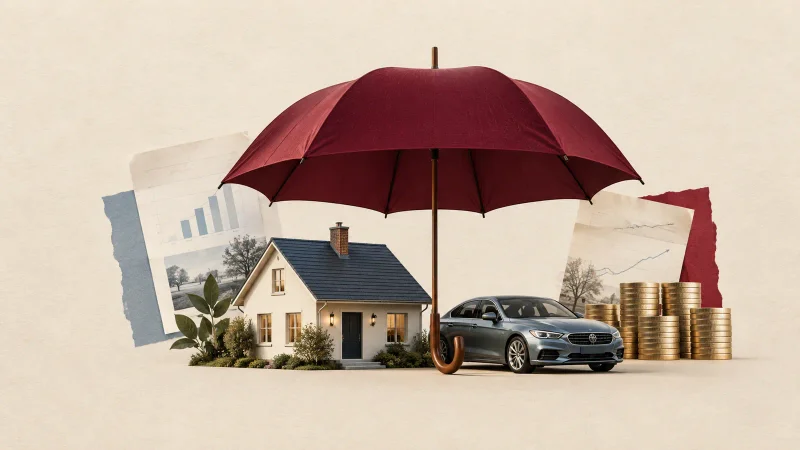 Colagem clean com guarda-chuva protegendo casa e carro, documentos e moedas