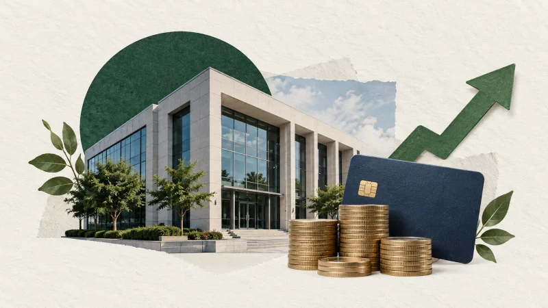 Colagem clean com banco moderno, cartão, moedas e seta discreta de crescimento