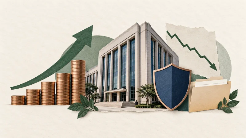 Colagem clean com banco, moedas, escudo de proteção e documentos de crédito