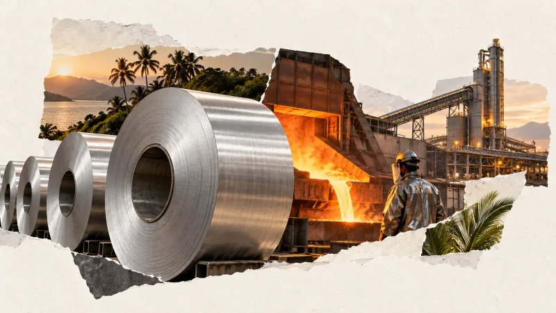 Colagem clean com bobinas de alumínio, fundição, indústria e paisagem tropical brasileira