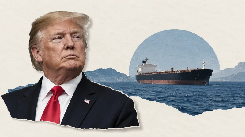 Colagem conceitual com Donald Trump e navio petroleiro
