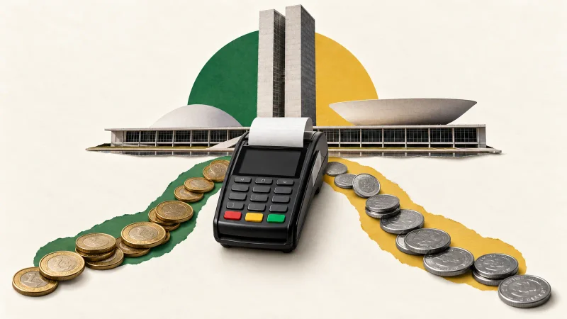 Colagem com terminal de pagamento, moedas e Congresso Nacional