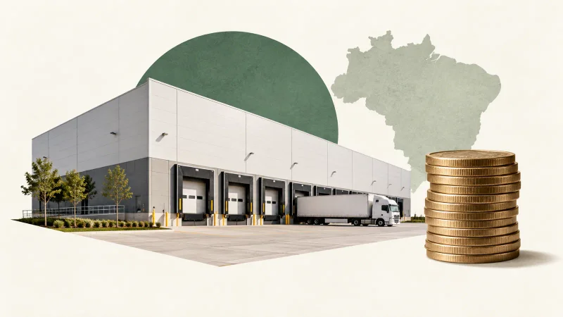 Colagem conceitual com galpão logístico e moedas sobre papel claro