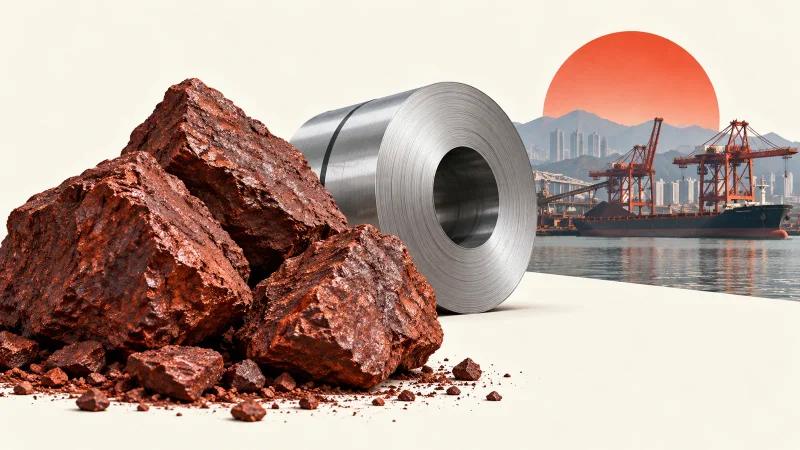 Colagem conceitual com minério de ferro, bobina de aço e porto industrial