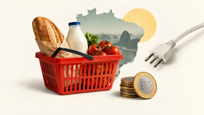 Colagem conceitual com cesta de alimentos, moedas e tomada elétrica