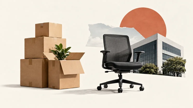 Colagem editorial com caixas de entrega e cadeira de escritório vazia