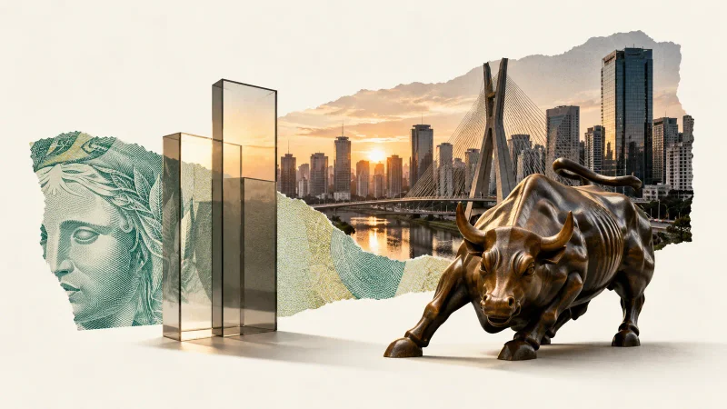 Colagem conceitual do mercado brasileiro com São Paulo e símbolo de alta