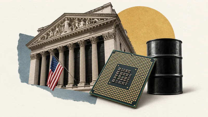 Colagem conceitual com fachada de Wall Street, chip e barril de petróleo