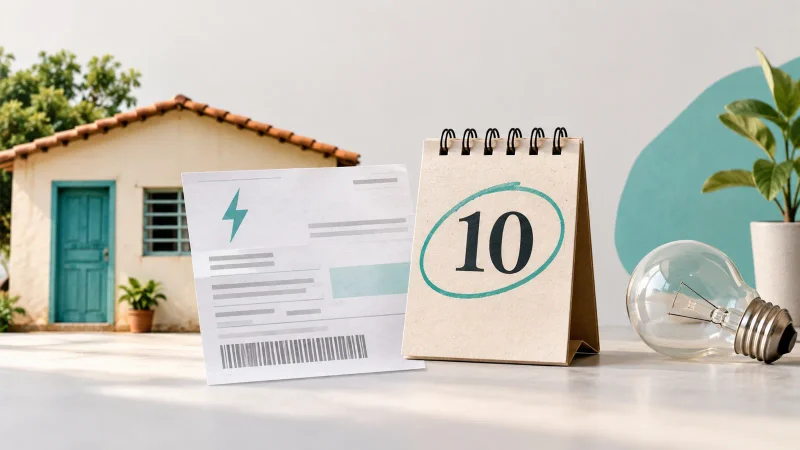 Conta de luz, casa e calendário com o dia 10 representam prazo de atualização do Cadastro Único