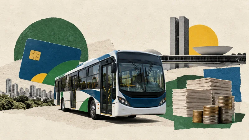 Colagem editorial com ônibus urbano, cartão de transporte, Congresso Nacional, papéis orçamentários e moedas