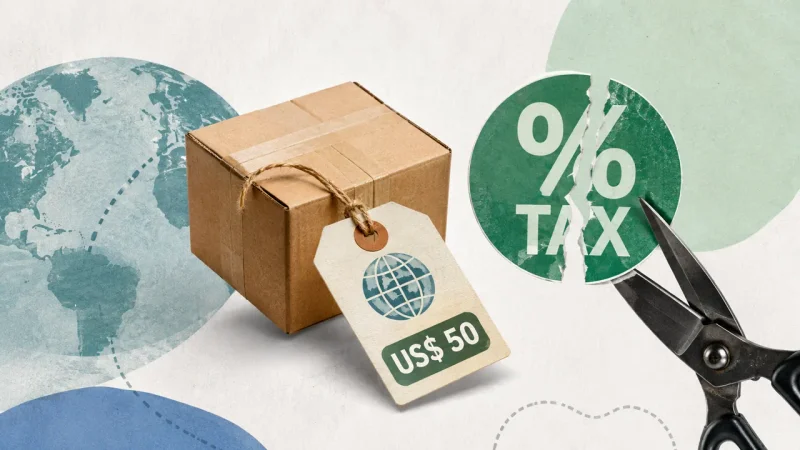 Colagem minimalista com encomenda internacional de US$ 50 e símbolo de imposto sendo cortado