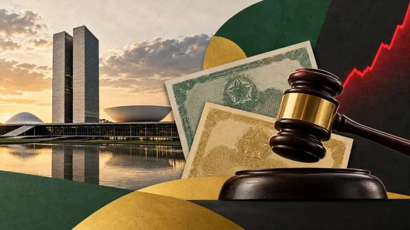 Colagem minimalista com Congresso, títulos públicos, martelo de leilão e curva de juros