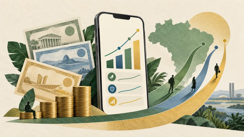 Colagem minimalista com celular de investimentos, títulos públicos, mapa do Brasil, moedas e trajetórias de investidores