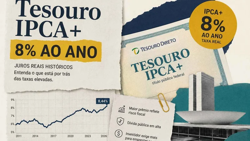 Tesouro IPCA+ com taxa real de 8% ao ano, gráfico de juros e Congresso Nacional ao fundo.
