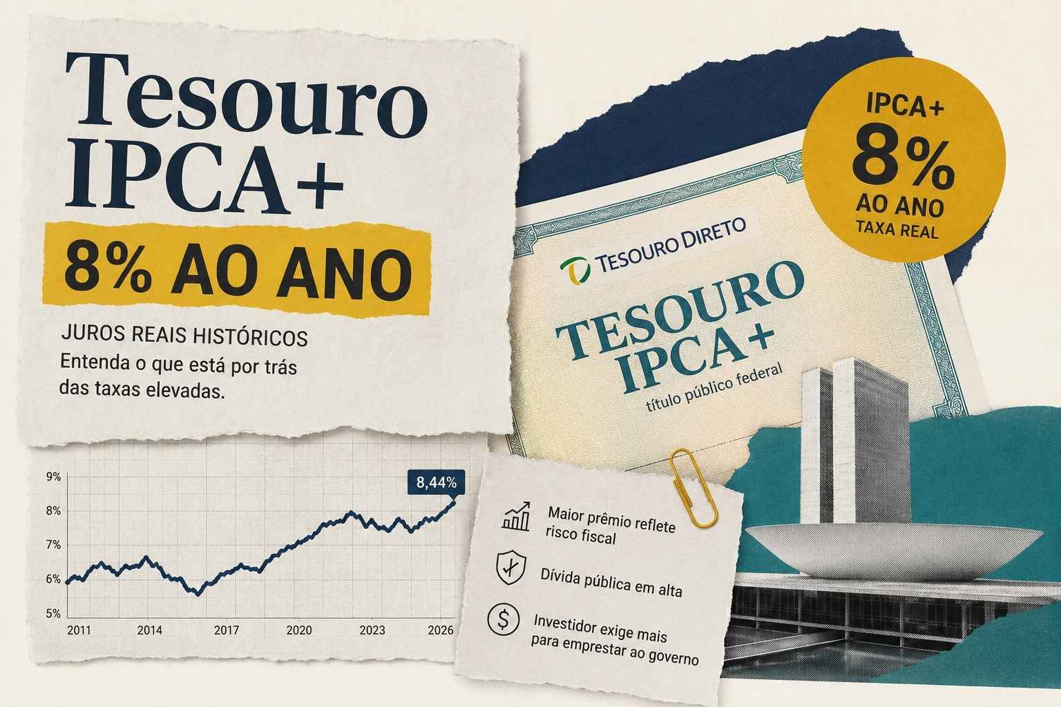 Tesouro IPCA+ com taxa real de 8% ao ano, gráfico de juros e Congresso Nacional ao fundo.