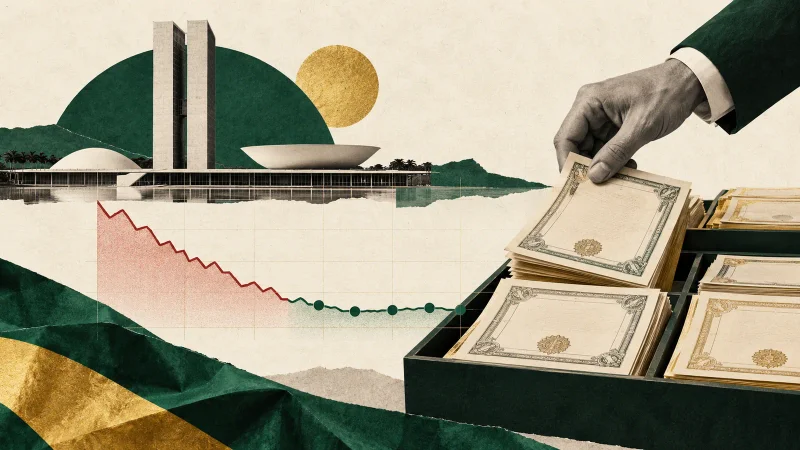 Colagem minimalista com títulos públicos, mão recolhendo papéis e curva de juros