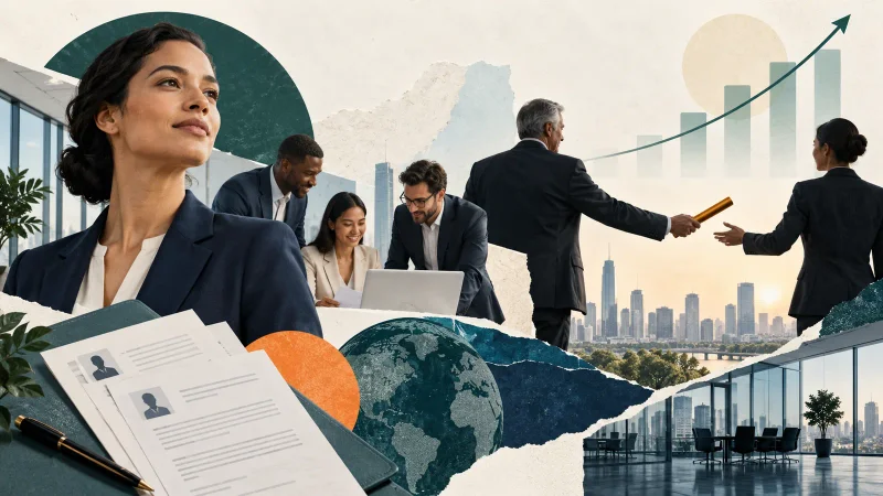 Colagem editorial com profissionais, currículos, gráfico de crescimento e passagem de comando em uma empresa global