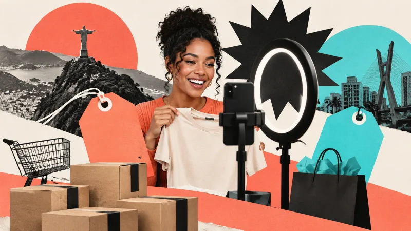 Colagem clean com celular de live commerce, pacotes e etiquetas de desconto