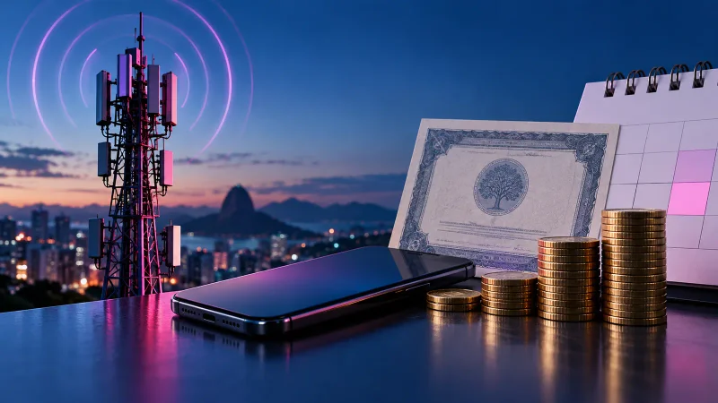 Torre de telefonia, celular, certificado de ações e moedas representam o JCP da TIM