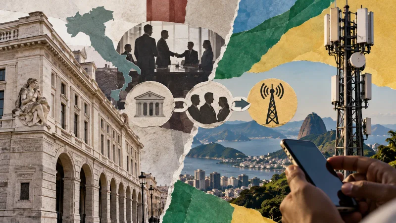 Colagem editorial de torre de telefonia no Brasil e edifício postal italiano