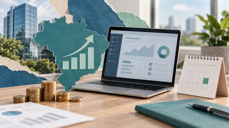 Colagem editorial de computador com software empresarial, calendário e moedas