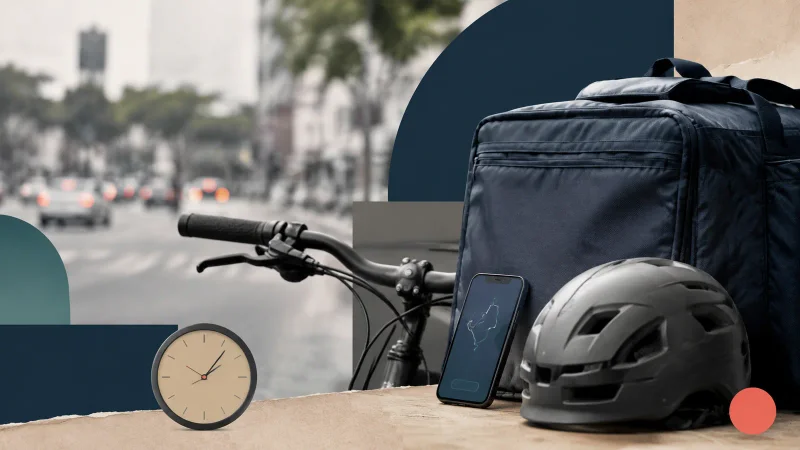 Bicicleta, mochila de entregas, capacete, celular e relógio representam a jornada de trabalhadores de aplicativos