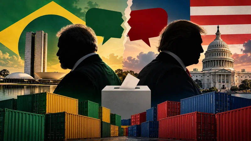Colagem minimalista com silhuetas políticas, Congressos, urna e contêineres comerciais