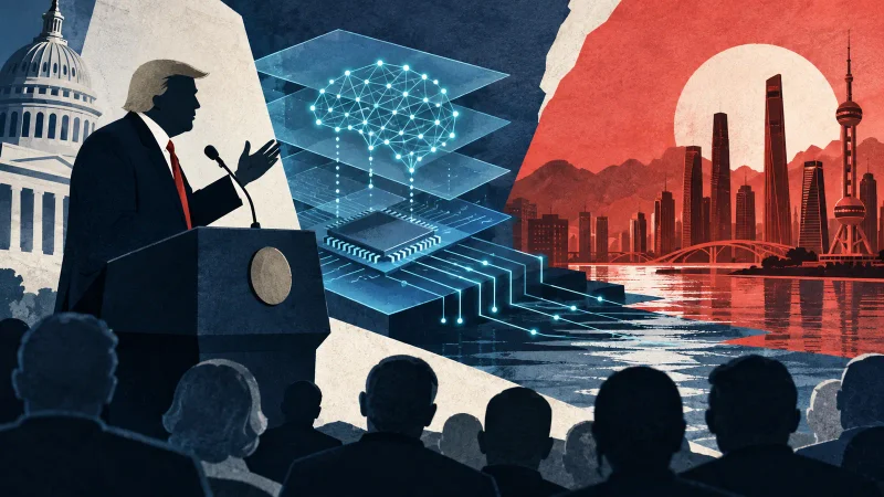 Colagem editorial sobre Donald Trump, inteligência artificial e a disputa tecnológica com a China