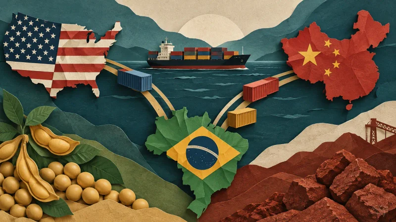 Colagem editorial com Estados Unidos, China e Brasil conectados por comércio marítimo, soja e minério