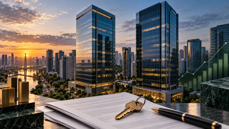 Dois edifícios corporativos em São Paulo com documentos e chave representam a operação anunciada pelo TRXF11