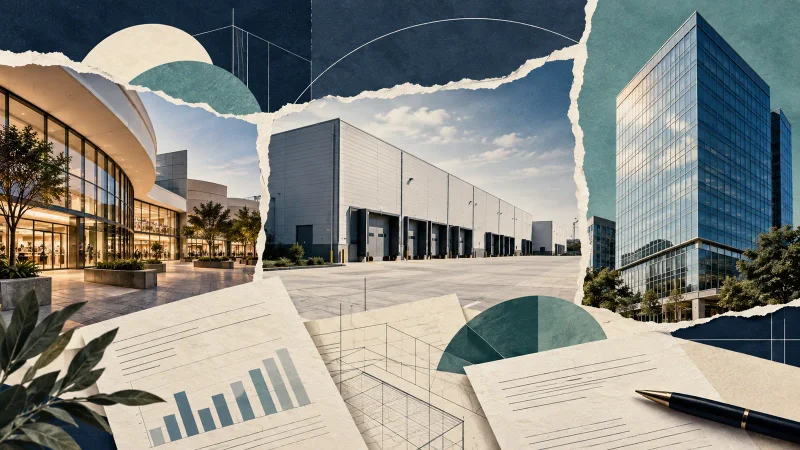 Colagem editorial ilustrativa de shopping, galpão logístico e prédio corporativo