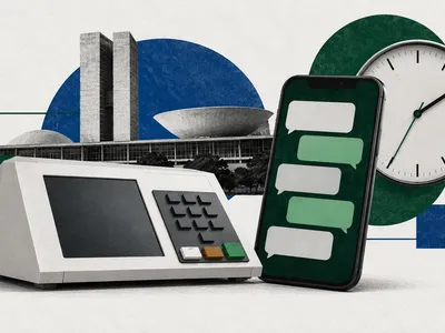 Colagem editorial com urna eletrônica, celular, relógio e Congresso Nacional