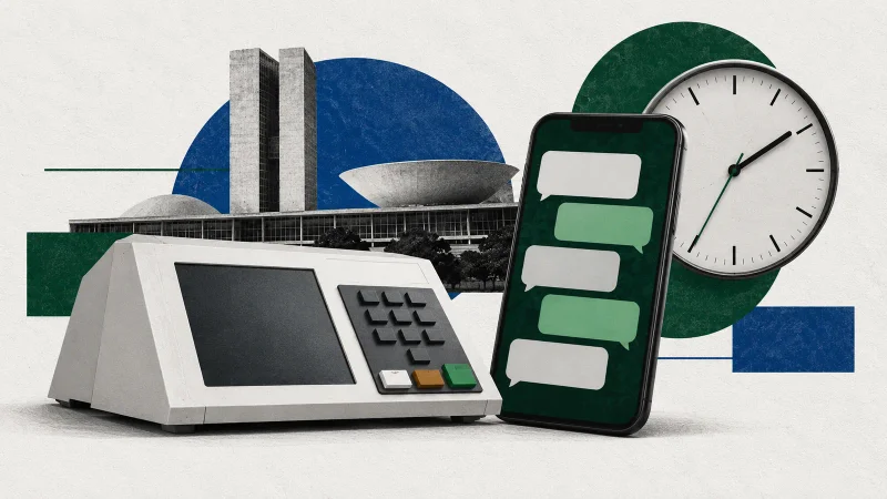 Colagem editorial com urna eletrônica, celular, relógio e Congresso Nacional