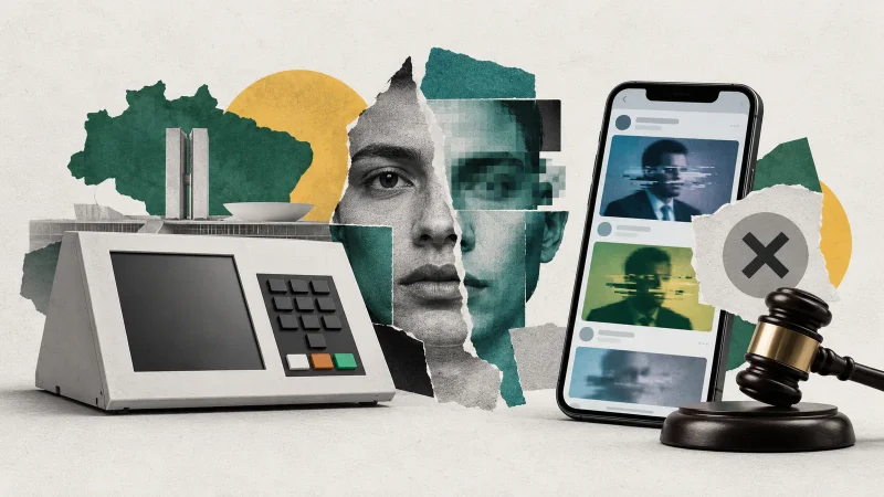 Colagem editorial com urna eletrônica, celular, rosto fragmentado por inteligência artificial e martelo da Justiça