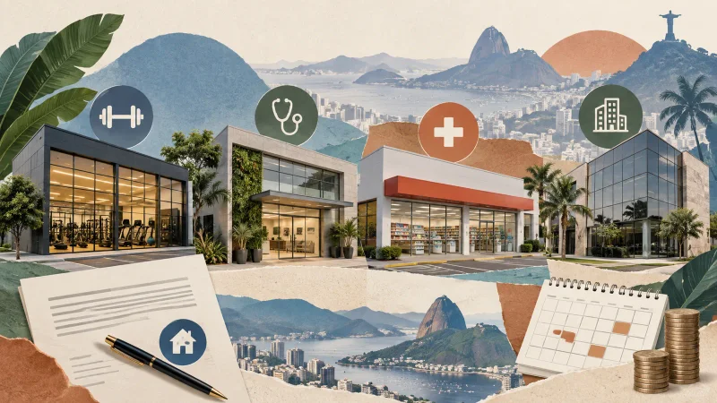 Colagem clean com quatro imóveis comerciais, academia, laboratório, farmácia e Rio