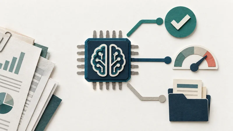 Colagem editorial de chip de inteligência artificial, decisões estruturadas e documentos empresariais