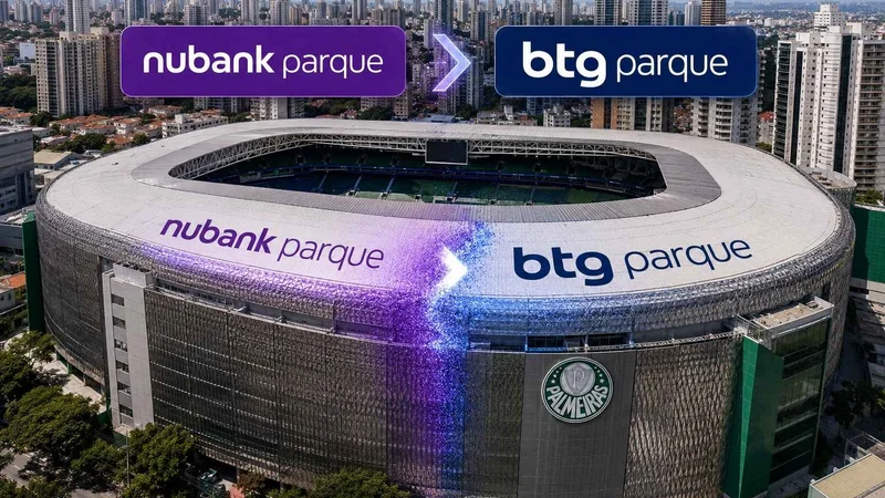 Vista aérea externa do estádio do Palmeiras com destaque para a transição de nome de Nubank Parque para BTG Parque.