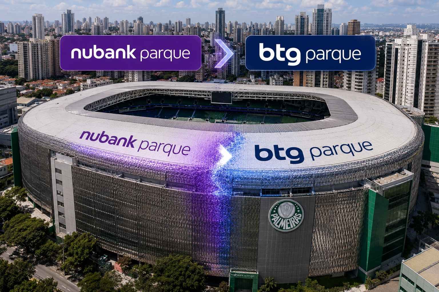Vista aérea externa do estádio do Palmeiras com destaque para a transição de nome de Nubank Parque para BTG Parque.