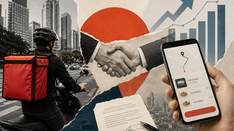 Colagem mostra entregador com mochila térmica em uma rua urbana, aperto de mãos simbolizando acordo empresarial e celular com aplicativo de delivery, ao lado de gráficos de crescimento.