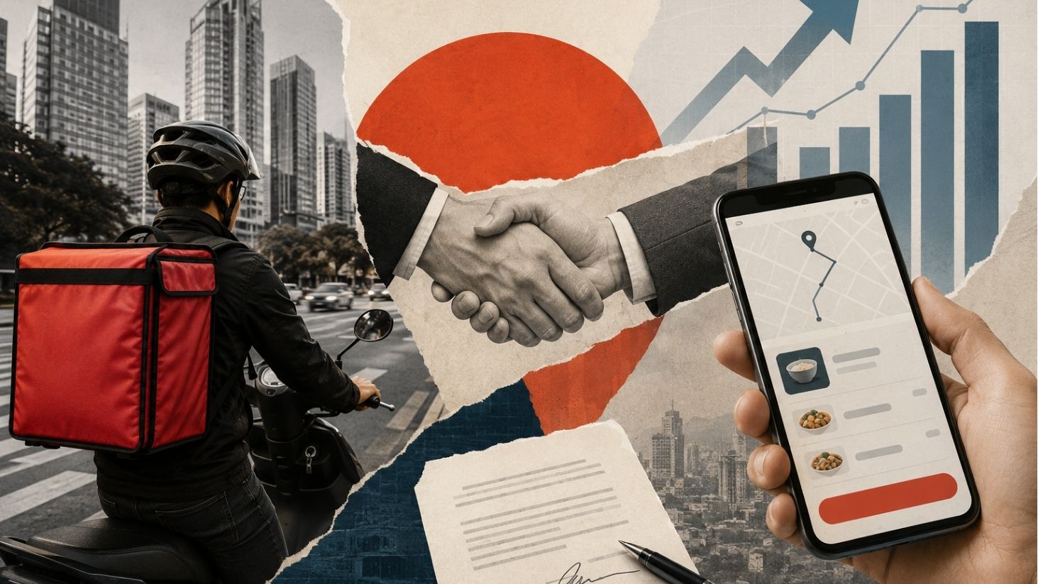 Colagem mostra entregador com mochila térmica em uma rua urbana, aperto de mãos simbolizando acordo empresarial e celular com aplicativo de delivery, ao lado de gráficos de crescimento.