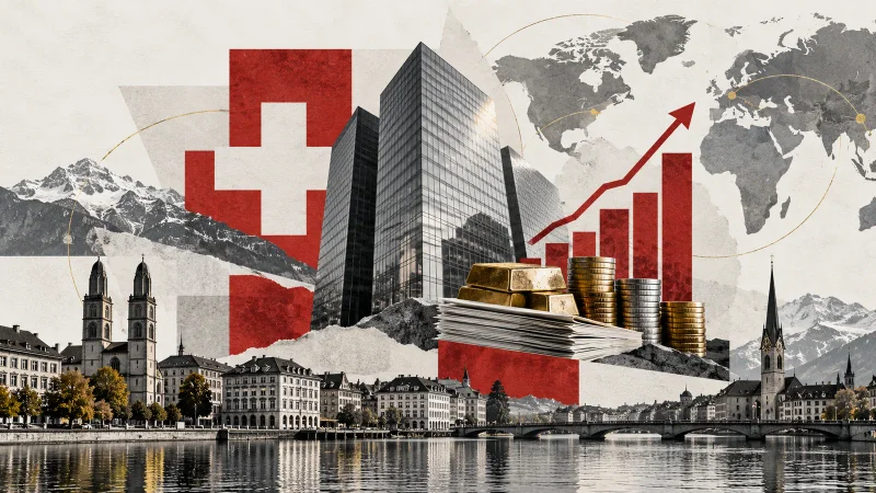Colagem minimalista com cidade suíça, torre bancária, mapa global, moedas e gráfico de crescimento