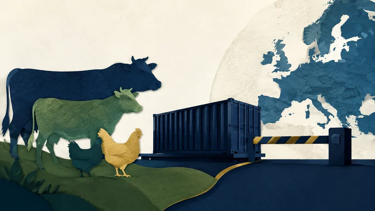 Colagem minimalista com gado, aves, contêiner e barreira comercial europeia