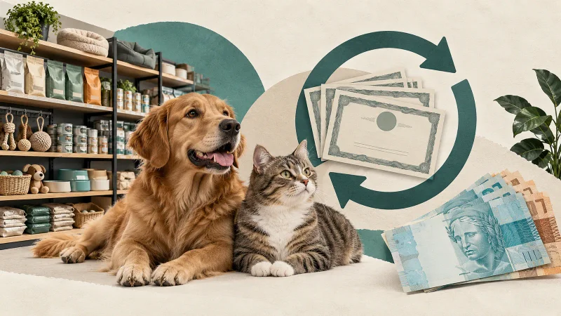 Colagem minimalista com cachorro, gato, loja pet, certificados de ações, setas circulares e notas de real