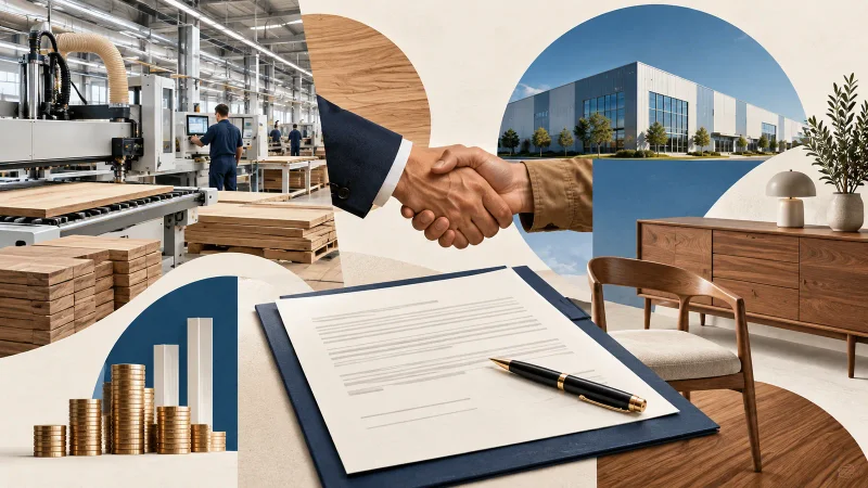 Colagem clean com fábrica de móveis, máquinas e documento de financiamento