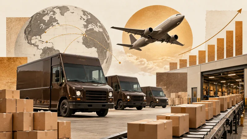 Colagem minimalista com caminhões de entrega, pacotes, avião cargueiro e gráfico de crescimento